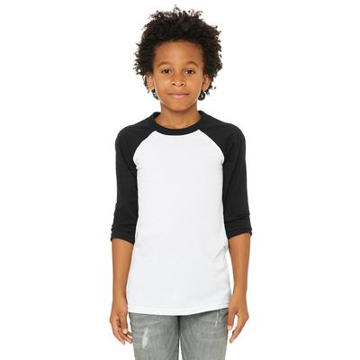 Bella + Canvas 3200Y Youth 3/4-Sleeve Baseball T-Shirt in White/Black size Large | Cotton/Polyester Blend B3200Y