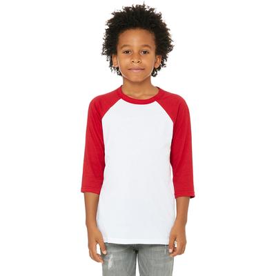 Bella + Canvas 3200Y Youth 3/4-Sleeve Baseball T-Shirt in White/Red size Large | Cotton/Polyester Blend B3200Y