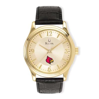"Louisville Cardinals Gold/Black Stainless Steel Leather Band Watch"