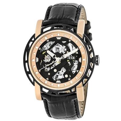 "Mens Stavros Automatic Skeleton Dial Crocodile-Embossed Leather Strap Watch Black Bezel Rose"