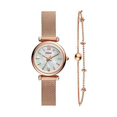 Fossil Women's Quartz Mini Carlie Stainless Steel Mesh Watch and and Bracelet Gift Box, Color: Rose