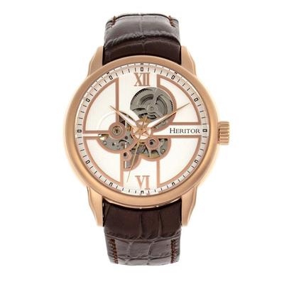 "Heritor Watches Automatic Sanford Semi-Skeleton Leather-Band Watch Rose Gold/Brown One Size"