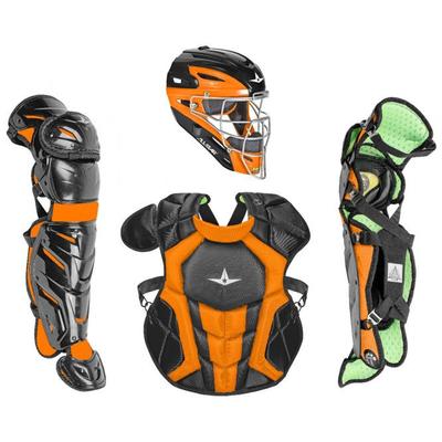 All Star System7 Axis NOCSAE Certified Two Tone Baseball Catcher's Gear Set - Ages 12-16 Black/Orange