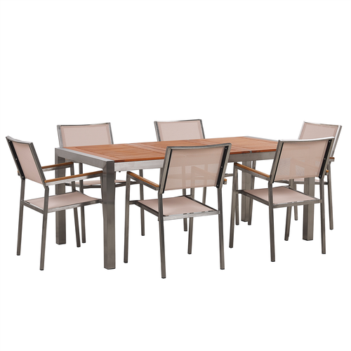 Gartenmöbel Set Eukalyptusholz Edelstahl Tisch 180 cm 6 Stühle Beige Terrasse Outdoor Modern Garten Terrasse