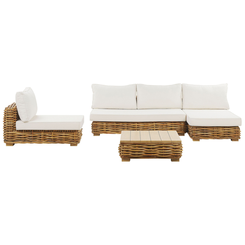 Lounge Set Natürlich Rattan 4-Sitzer Linksseitig mit Auflagen Cremeweiß Tisch und Lounger Boho Gartenausstattung Terrasse Outdoor