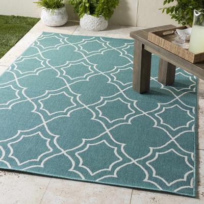 Folsom 8'10" Round Cottage Teal/White Outdoor Area Rug - Boutique Rugs