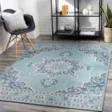 Orla 7'3" Square Traditional Teal/White/Navy/Pale Blue Outdoor Area Rug - Hauteloom