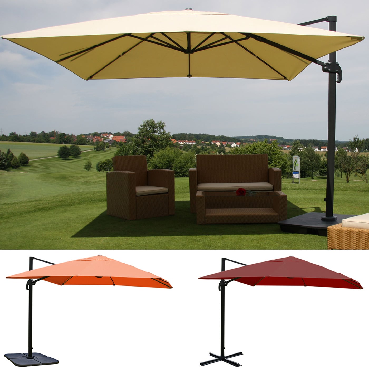 Ampelschirm HWC-A96, Gastronomie Sonnenschirm, 3x3m (Ø4,24m) Polyester/Alu 23kg ~ terracotta mit Ständer, drehbar Image