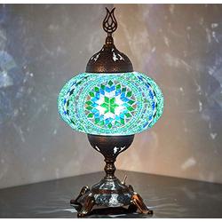 DEMMEX Battery Operated Mosaic Table Lamp with Built-in LED Bulb, Turkish Moroccan Handmade Mosaic Table Desk Bedside Mood Accent Night Lamp Light Lampshade with LED Bulb,No Cord (Teal)