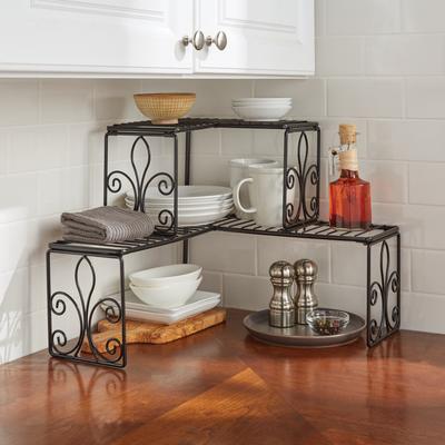 Scroll 2-Tier Corner Shelf by BrylaneHome in Black Kitchen Space Saver Organization