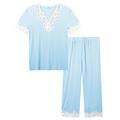 Amorbella Lace Pyjamas/PJs Set Lady Bamboo Soft Short Sleeve Capri Pants Jersey Knit Sleepwear for Hot Flashes (Light Blue, XXL)