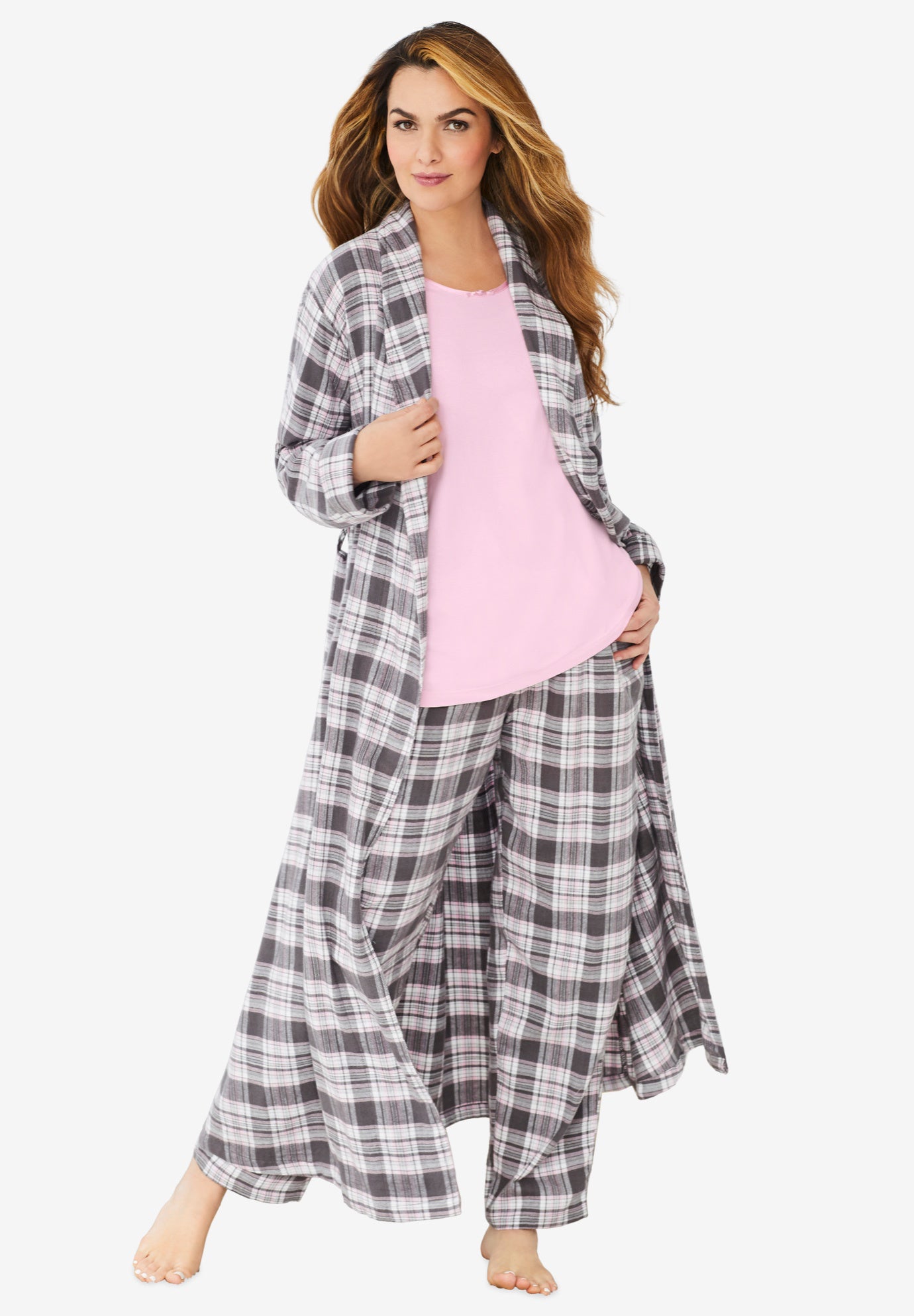 Plus Size Women's Long Flannel Robe by Dreams & Co. in Slate Plaid (Size 1X)