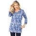 Plus Size Women's Three-Quarter Notch-Neck Soft Knit Tunic by Roaman's in Blue Abstract Print (Size 18/20) Long Shirt