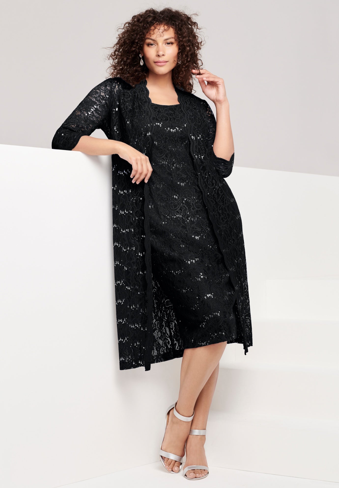 Plus Size Women's Plus Size 3/4 Sleeve Formal Duster Sequin - Embellished Lace Dress Set by Roaman's in Black (Size 30 W) Formal Evening