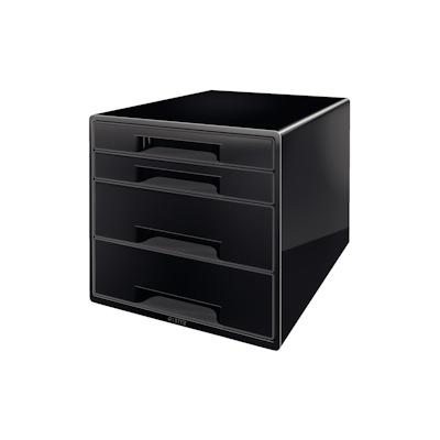 LEITZ Schubladenbox WOW Cube 4 geschlossene Schubladen, 2 hohe, 2 flache, weiß/schwarz, mit Auszugstopp, Schubladeneinsa