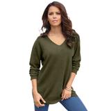 Plus Size Women's Fine Gauge Drop Needle V-Neck Sweater by Roaman's in Dark Olive Green (Size S)