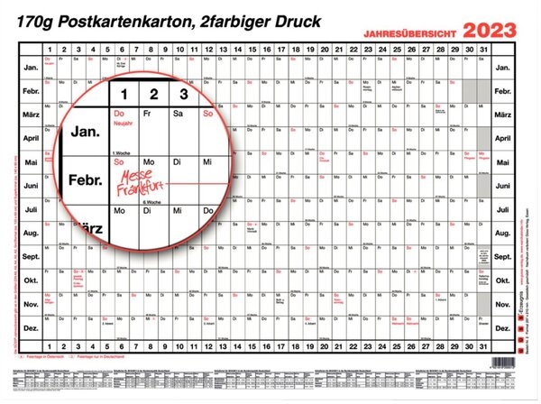 GÜSS Jahresübersicht DIN A3, Tagesfeld : 1,1 x 1,6 cm, Maße: 42 x 30 cm Image
