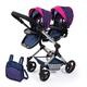 Bayer Design 26254AA Twin Pram, Doll Carriage, Height-adjuable Handle, Foldable, with Bag and Integrated Shopping Basket, Compatible with EasyGo, Blue with Unicorn and Hearts