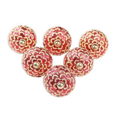 Golden Arcs,'Set of 6 Red Bead and Brass Plated Mango Wood Knobs'