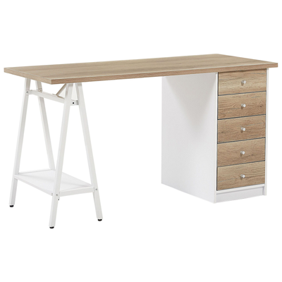 Schreibtisch heller Holzfarbton/weiss Spannplattel 140x60 cm 5 Schubladen Büro Kinderzimmer Schule