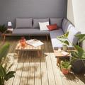 Salotto da giardino in legno 5 posti - Modello Buenos Aires - Cuscini grigi, divano ad angolo,