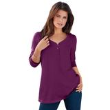 Plus Size Women's Long-Sleeve Henley Ultimate Tee with Sweetheart Neck by Roaman's in Dark Berry (Size 2X) 100% Cotton Shirt