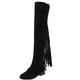 LUXMAX Women Fringe Tassel Flat Thigh High Low Heel Faux Suede Over Knee Boots Size 6UK,Black