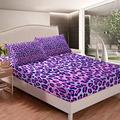 Loussiesd Leopard Print Fitted Sheet Purple Cheetah Print Bedding Set Wild Animal Theme Bed Sheet Set for Girls Children Teens Bedroom Decor Stripe Bed Cover King Size With 2 Pillow Case