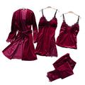 Chongmu Women Velvet Pyjama Sets Lace Cami Long Sleeve Robes 4pcs Sleepwear Pants Sexy Nightdress Red