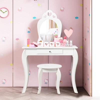 COSTWAY Coiffeuse pour Enfant avec Miroir, Inclus de Table de Maquillage et deTabouret, Dessus Image