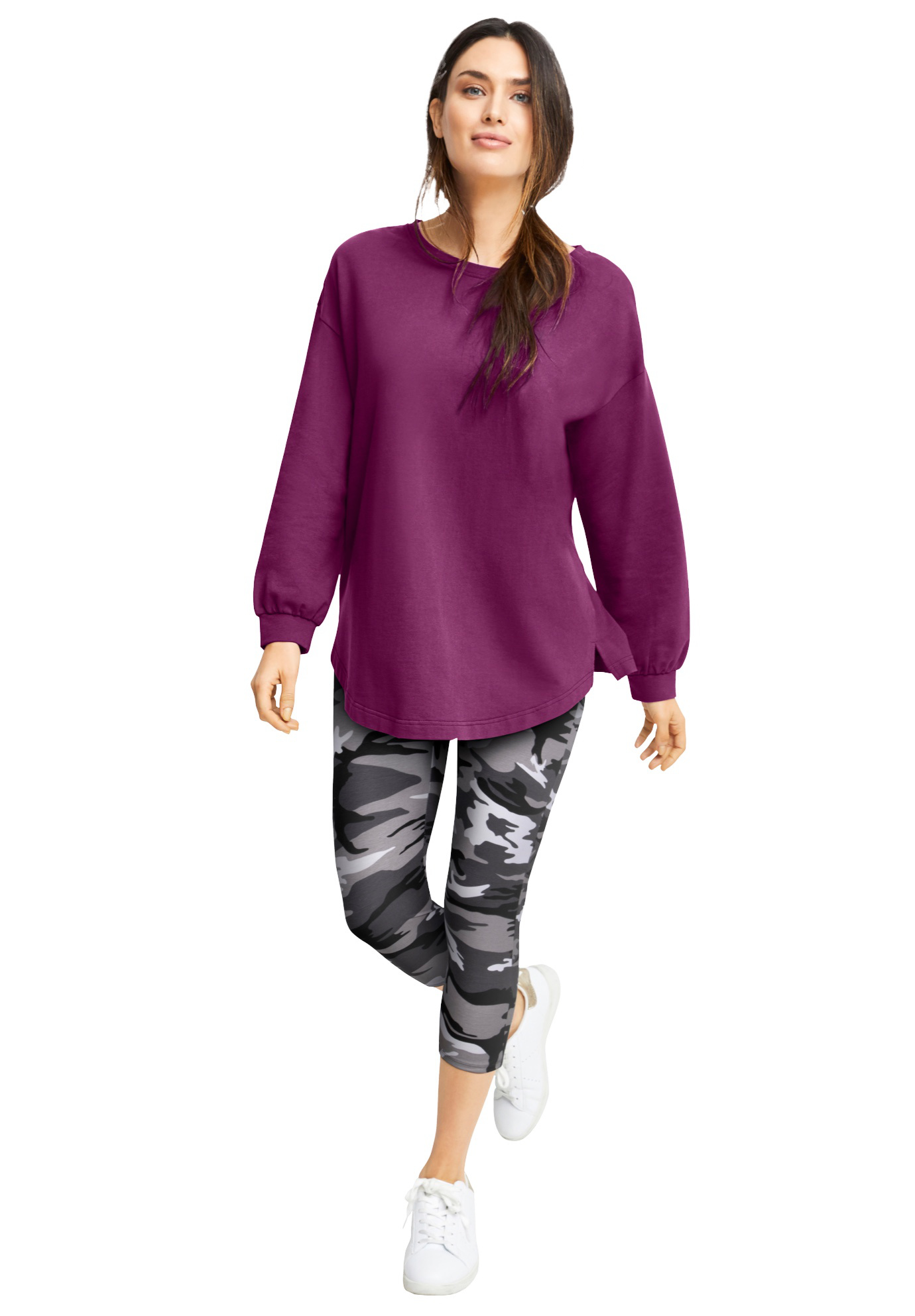 Plus Size Women's French Terry Blouson Sleeve Sweatshirt Tunic by ellos in Violet Plum (Size 22/24)