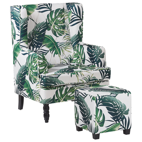 Sessel Weiß und Grün Polsterbezug mit Hocker Blättermuster Wohnzimmerausstattung Salon Schlafzimmer Essbereich