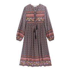 R.Vivimos Women's Casual Bohemian Print Neck Tie Long Sleeve Beach Style Long Midi Dress Vocation Dress（Small,Black#3