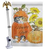 Breeze Decor Happy Pumpkin Kitty 2-Sided Polyester 40 x 28 in. Flag Set in Gray/Orange | 40 H x 28 W x 4 D in | Wayfair