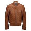 Mens Classic Tan Brown Real Leather Cross Quilted Bomber Jacket Vintage Style Biker [YEEN-TIMBER-L]