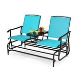 Costway 2-Person Double Rocking Loveseat with Mesh Fabric and Center Tempered Glass Table-Turquoise