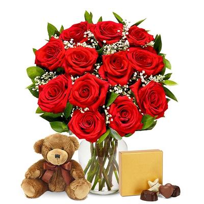 One Dozen Long Stem Red Roses w/ Chocolates & Bear