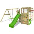 FATMOOSE Wooden climbing frame ActionArena Air XXL with swing set & apple green slide, Outdoor kids playhouse with sandpit, climbing ladder & play-accessories for the garden