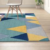 Blue/Gray 60 x 0.39 in Area Rug - Mercury Row® Sandin Geometric Handmade Tufted Wool Teal/Navy/Yellow/Gray Area Rug Wool | 60 W x 0.39 D in | Wayfair