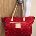 Coach Bags | Coach Red Tote With Leather Trim | Color: Red/Tan | Size: Os