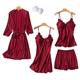 Chongmu Womens 4pcs Silk Pyjama Nightwear Satin Sleepwear Pajamas Set with Shorts Nightdress Red