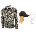 LuShuMaDa Joe Tiger Exotic King Button Shirt, Halloween Yellow Blue Sequin Cosplay Costume Hat Wig Men Full Set