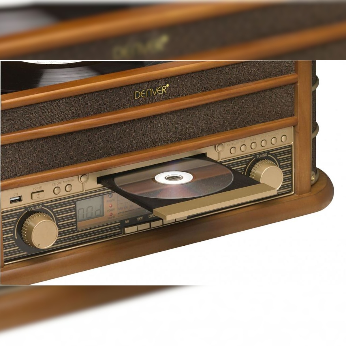 Denver MCR-50MK2 Retro Plattenspieler aus Holz mit Radio CD Kassette USB MP3 Soundbox Image