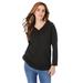 Plus Size Women's Long-Sleeve Henley Ultimate Tee with Sweetheart Neck by Roaman's in Black (Size L) 100% Cotton Shirt