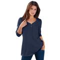 Plus Size Women's Long-Sleeve Henley Ultimate Tee with Sweetheart Neck by Roaman's in Navy (Size M) 100% Cotton Shirt