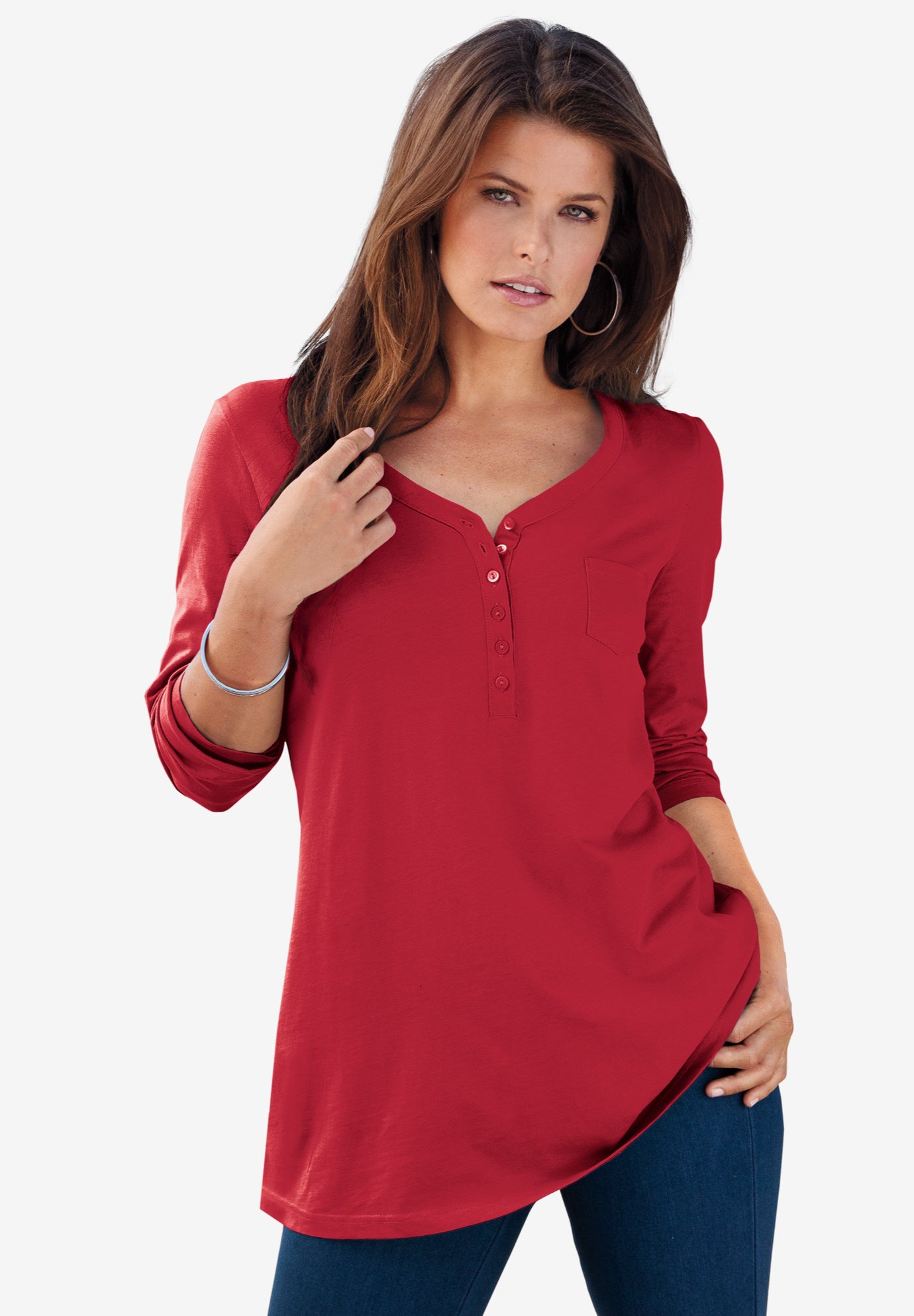 Plus Size Women's Ultimate Long Sleeve Henley Tee with Sweetheart Neck by Roaman's in Classic Red (Size 3X) 100% Cotton Shirt