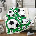 Boys Football Printed Sherpa Throw Blanket Sports Theme Fleece Blanket Black White Soccer Ball Pattern Warm Plush Blanket for Sofa Couch Microfiber Green Competitive Games Fuzzy Blanket King 87"*94"