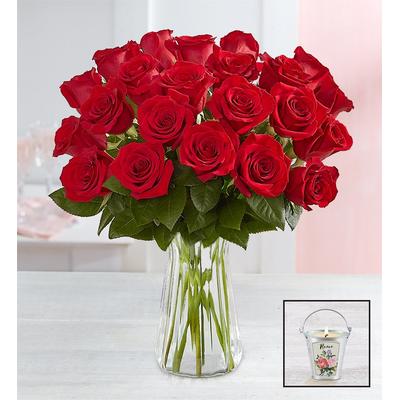 Two Dozen Red Roses with Clear Vase & Candle by 1-800 Flowers