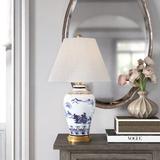 Bungalow Rose Fedelia 26.5" Blue/White/Brass Bedside Table Lamp Resin/Ceramic/Linen in Blue/White/Yellow | 26.5 H x 16 W x 16 D in | Wayfair
