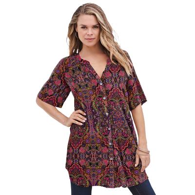 Plus Size Women's Short-Sleeve Angelina Tunic by Roaman's in Multi Mirrored Medallion (Size 26 W) Long Button Front Shirt